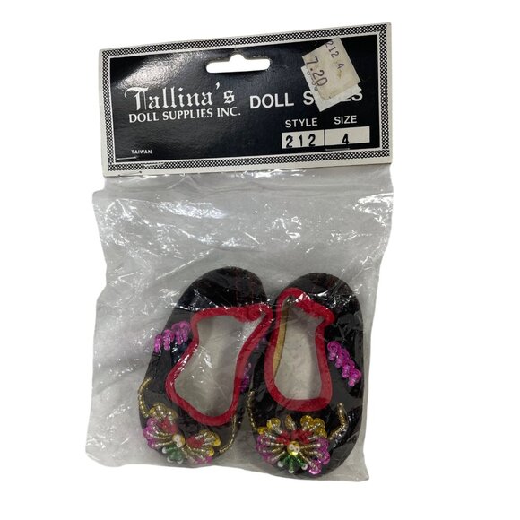 Tallinas Doll Shoes Style 212 Size 4 With Embroidered & Beaded Design Vintage - Picture 2 of 9